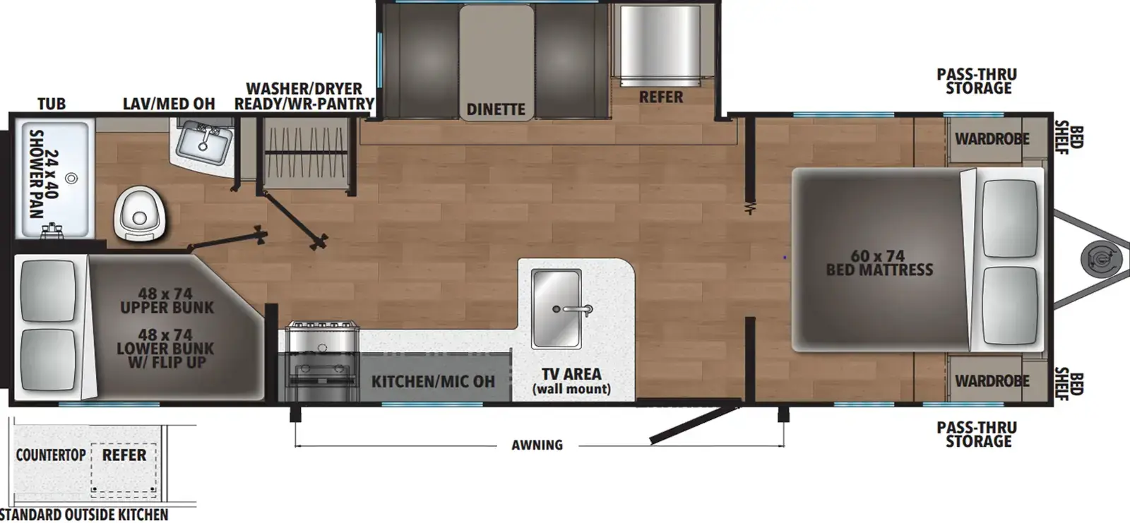 The Shasta I-5 Edition & Compact 525BHS floorplan has one entry and one slide out. Exterior features include: metal exterior and outside kitchen. Interiors features include: bunk beds and front bedroom.